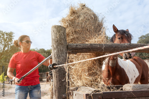 A woman pulls hay for a horse with a pitchfork at an equestrian center.