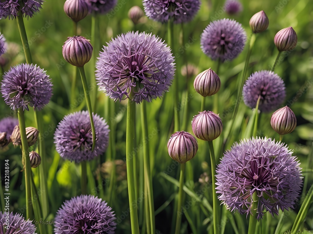 Vibrant purple allium blooms dance amidst golden flora in a sun-kissed summer garden Vibrant purple allium blooms dance amidst golden flora in a sun-kissed summer garden