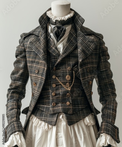Vintage Victorian outfit with plaid jacket and ruffled blouse on a mannequin, ideal for historical and fashion themes.