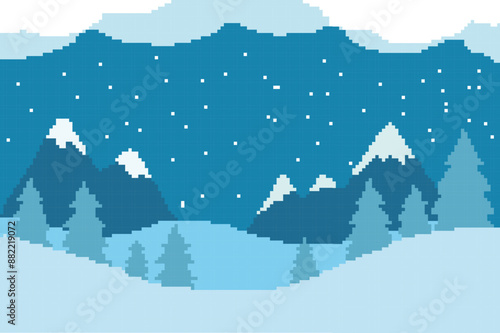 winter pixel art image, there is a beautiful high mountain surrounded by pine trees covered in snow	