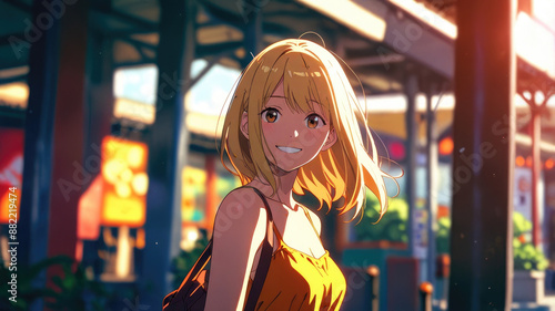portrait of a pretty happy anime girl on sunny day