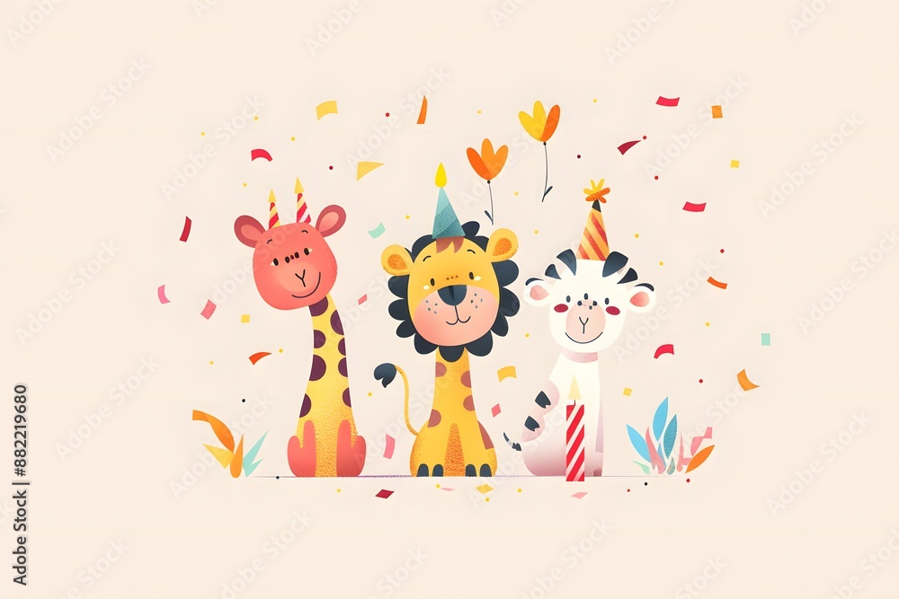 Giraffe, lion, and zebra celebrating at a party with confetti and balloons illustration Giraffe, lion, and zebra celebrating at a party with confetti and balloons illustration