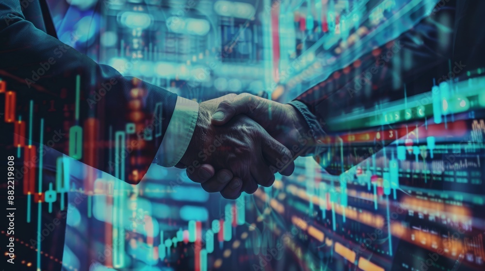 Fototapeta premium Business handshake with charts and stock market data symbolizes collaboration and success in the corporate world