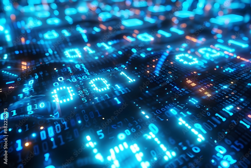 Abstract digital interface displaying binary code and data streams in vibrant blue and orange hues. Abstract digital interface displaying binary code and data streams in vibrant blue and orange hues.