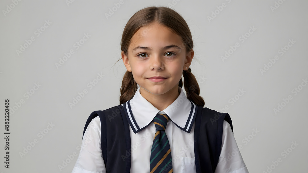 A schoolgirl with two pigtails in a white blouse with a tie and a sweater on her shoulders stands on a white background, a slight smile A schoolgirl with two pigtails in a white blouse with a tie and a sweater on her shoulders stands on a white background, a slight smile
