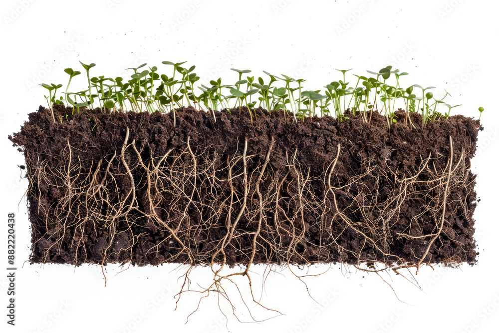 Fototapeta premium Close-up of young plant roots in soil, illustrating agricultural growth and gardening