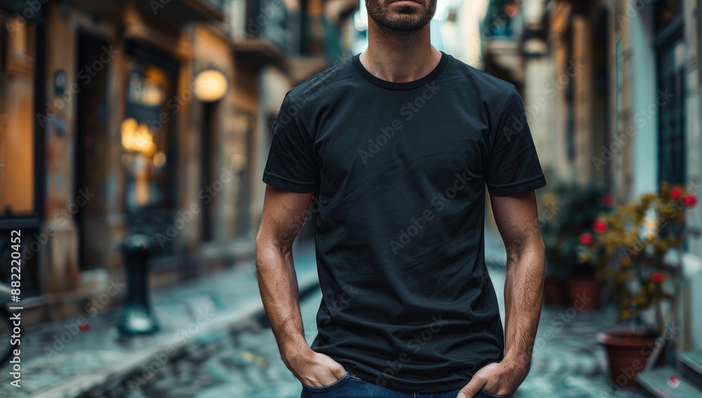 Man model shirt mockup. Boy wearing black t-shirt on street in daylight. Male guy wearing casual t-shirt mockup placement. Generated AI Man model shirt mockup. Boy wearing black t-shirt on street in daylight. Male guy wearing casual t-shirt mockup placement. Generated AI