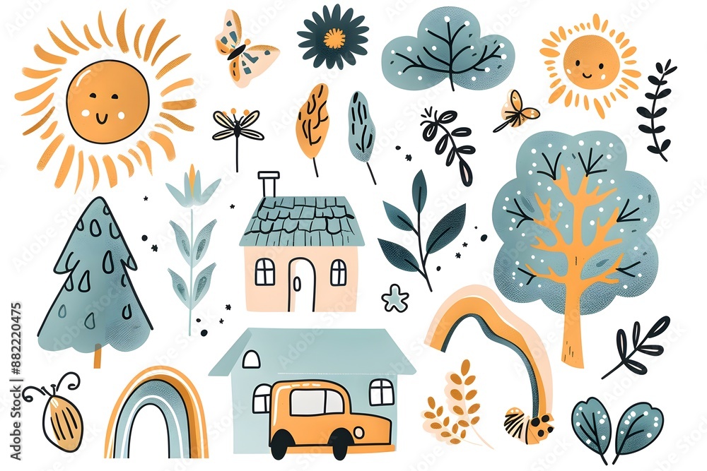 Fototapeta premium Whimsical nature illustration with house, trees, sun, butterflies, and plants in pastel colors