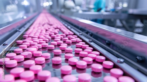 Modern pharmaceutical factory producing and packaging pink pills with a macro shot of the process. Drug manufacturing in a medical facility.