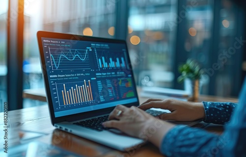 Marketing strategy businessman working using laptop computer to analyze financial investment graphs. Generated AI