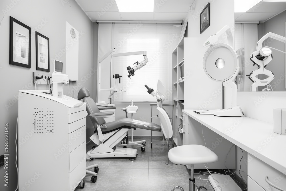 Modern dental office with dental chair and equipment. Dental care and clinic interior concept. Modern dental office with dental chair and equipment. Dental care and clinic interior concept.