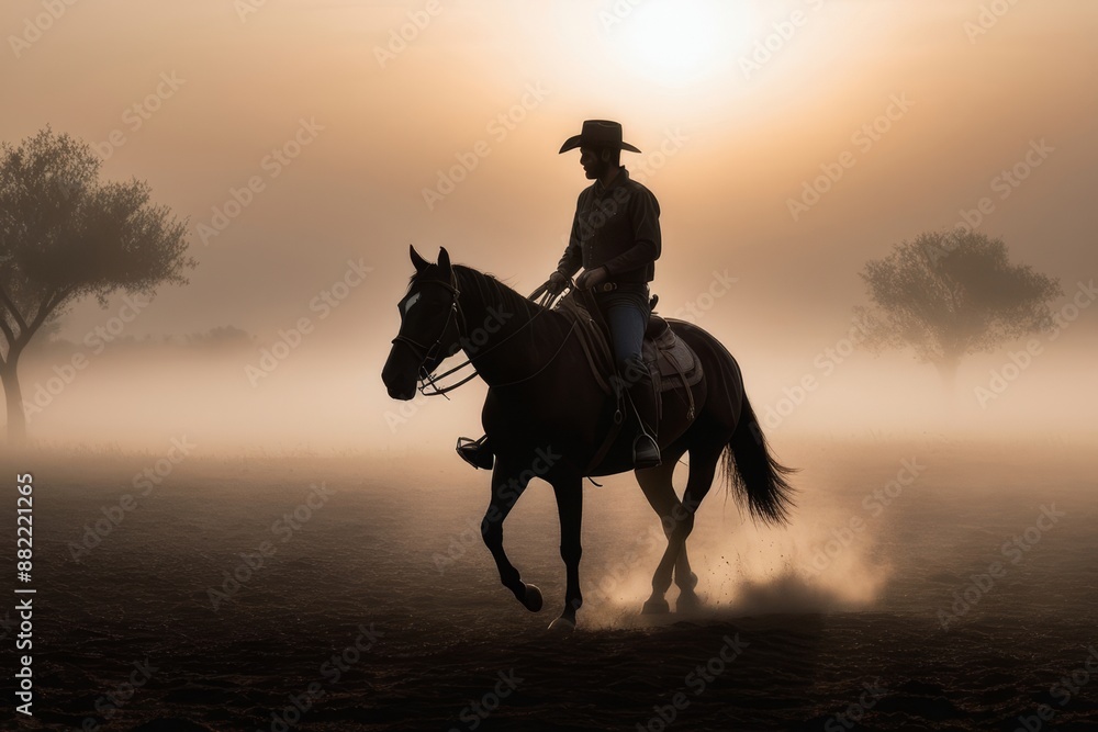 Silhouetted Cowboy Riding Through a Misty Dawn Silhouetted Cowboy Riding Through a Misty Dawn