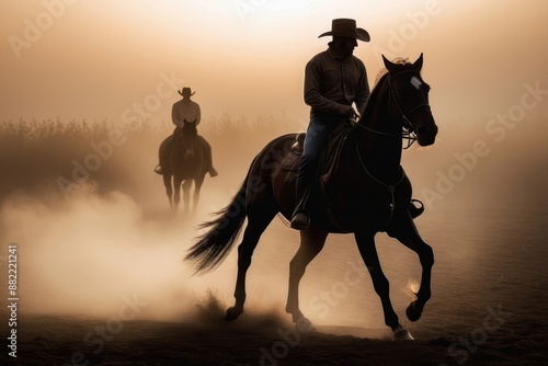 Silhouettes of Cowboys on Horseback at Sunset