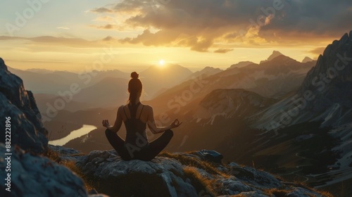 Woman practicing yoga at sunrise, mountain landscape in the background.