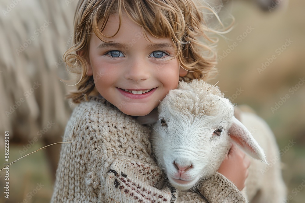 A smiling child with blue eyes and sandy hair embraces a lamb while wearing a woolen knitted sweater. They stand outside, giving a sense of warmth and joy. Nature in background. A smiling child with blue eyes and sandy hair embraces a lamb while wearing a woolen knitted sweater. They stand outside, giving a sense of warmth and joy. Nature in background.