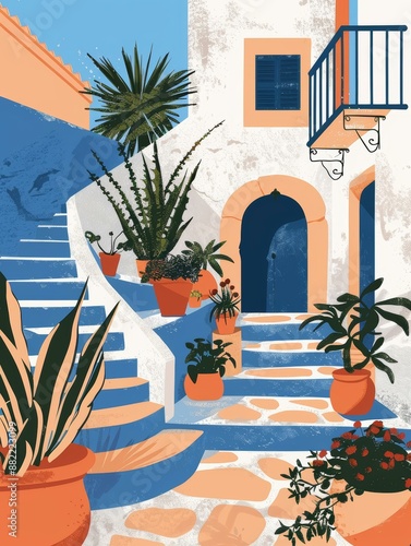 A cobblestone path leads up a flight of colorful steps to a bright white building with a blue doorway, surrounded by vibrant potted plants