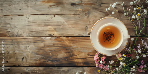 Eine Tasse Tee auf Holzplatte mit Deko .  photo