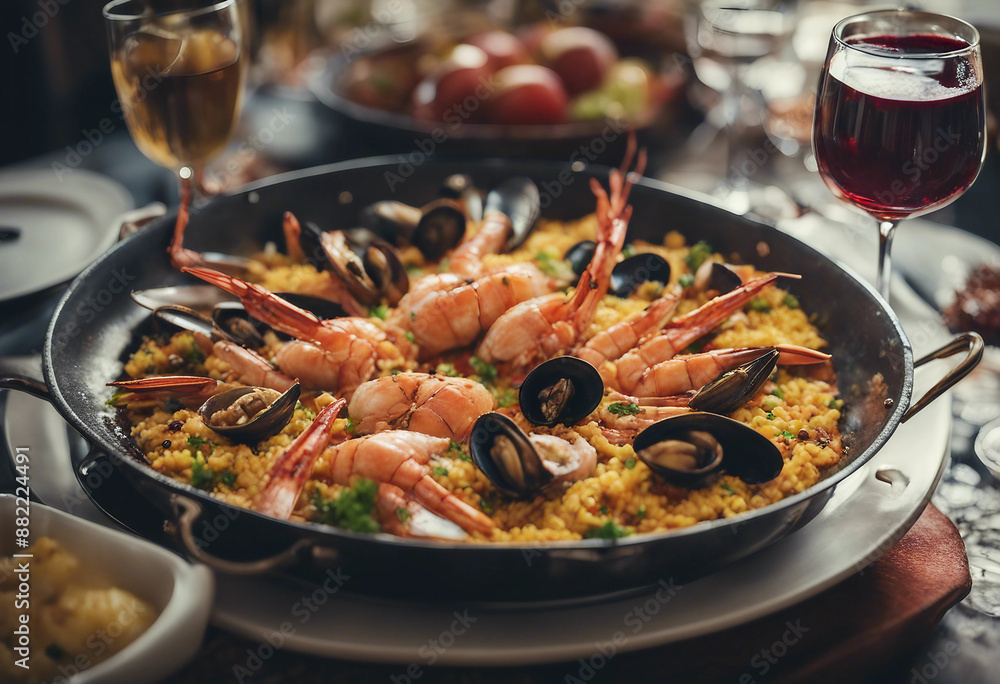 Seafood paella with saffron and langoustines in a traditional paella pan
Seafood paella with saffron and langoustines in a traditional paella pan