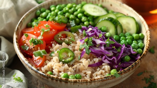 Bowl dish with brown rice cucumber tomato green peas red cabbage