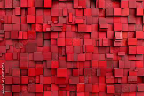 An intricate piece of abstract pixel art composed entirely of squares in varying shades of red. The artwork features a dynamic interplay of light and dark reds, creating a visually captivating