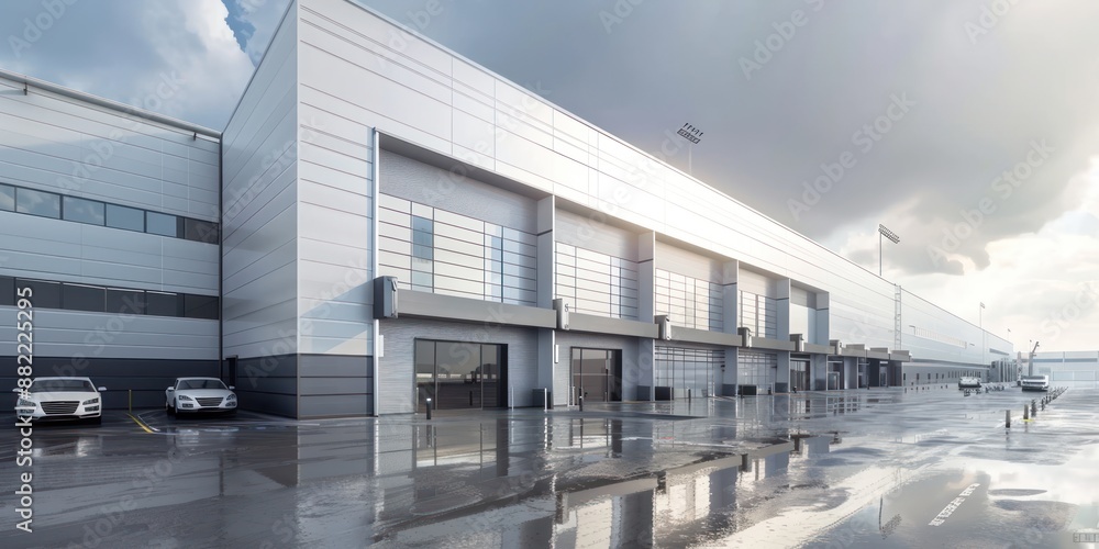 Obraz premium Modern warehouse building exterior, building servicing or car service buildings, Cargo transportation and logistics, with a parking lot on a blue sky background, Car repair or service concept.