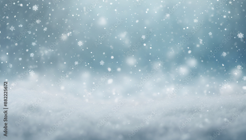 Fototapeta premium Winter Wonderland Snowfall - Sparkling Snowflakes & Soft Blue Hues Background Wallpaper