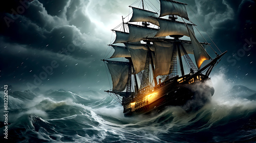 Sail ship braving the waves of a wild stormy sea at night