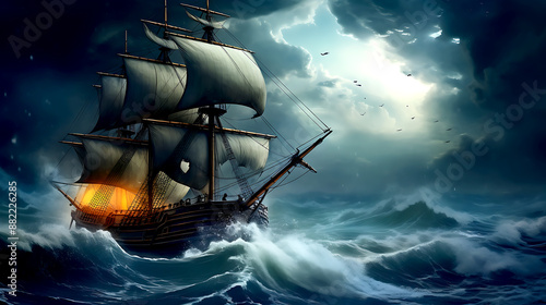Sail ship braving the waves of a wild stormy sea at night