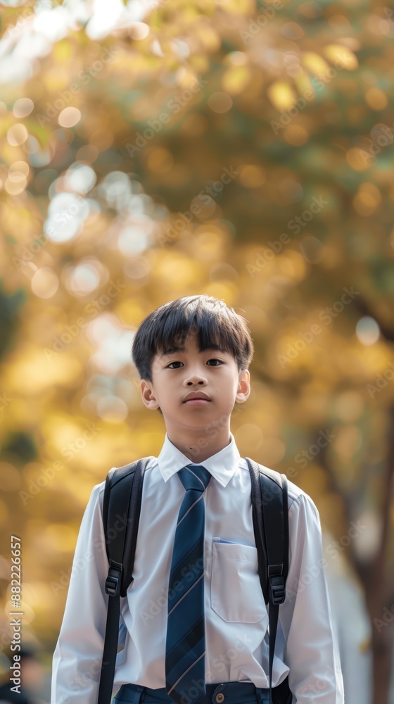 Boy in school uniform walks to school with backpack near yellow leaves. Confidently standing with back to camera, casual and stylish. Suitable for education, youth culture, back to school. Boy in school uniform walks to school with backpack near yellow leaves. Confidently standing with back to camera, casual and stylish. Suitable for education, youth culture, back to school.