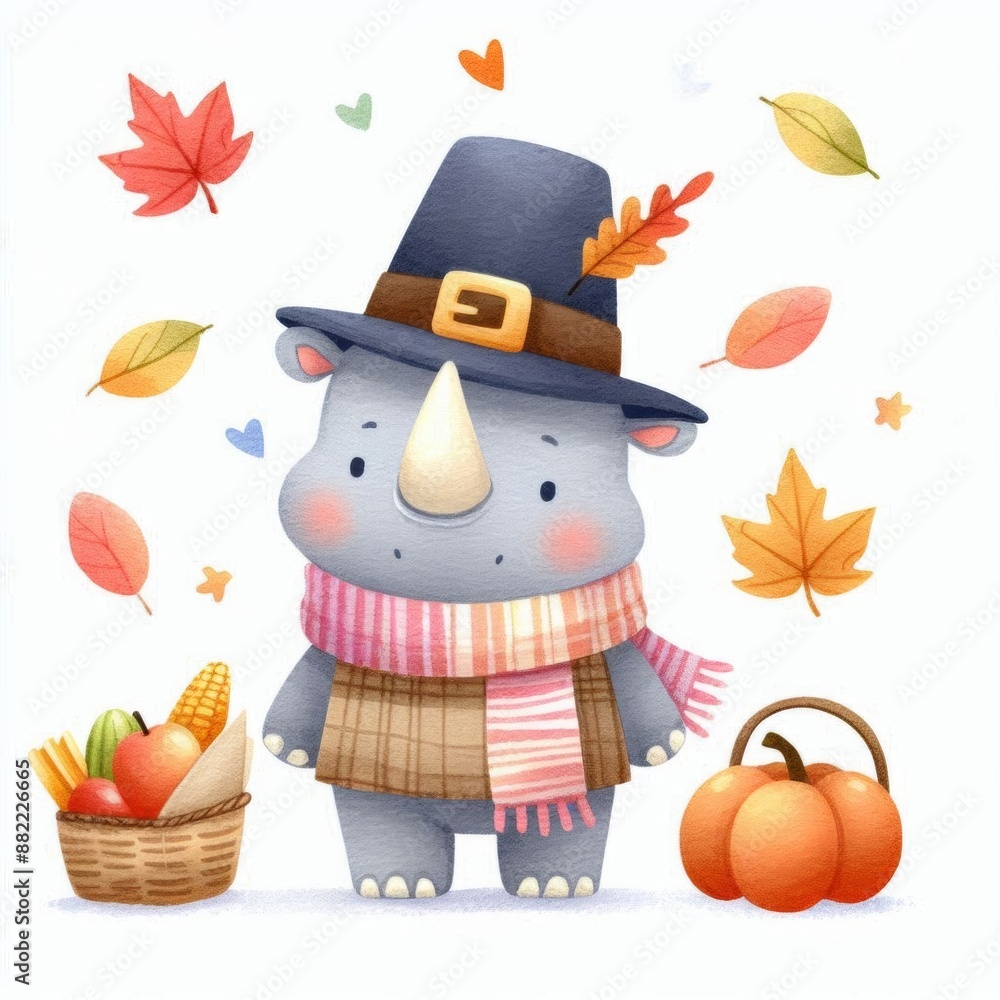 Fototapeta premium Cute cartoon rhino wearing pilgrim hat and scarf holding a basket of autumn harvest.