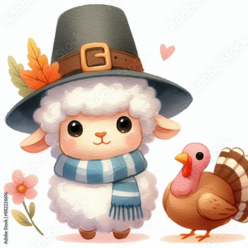 Cute cartoon sheep wearing a pilgrim hat and scarf with a turkey.
