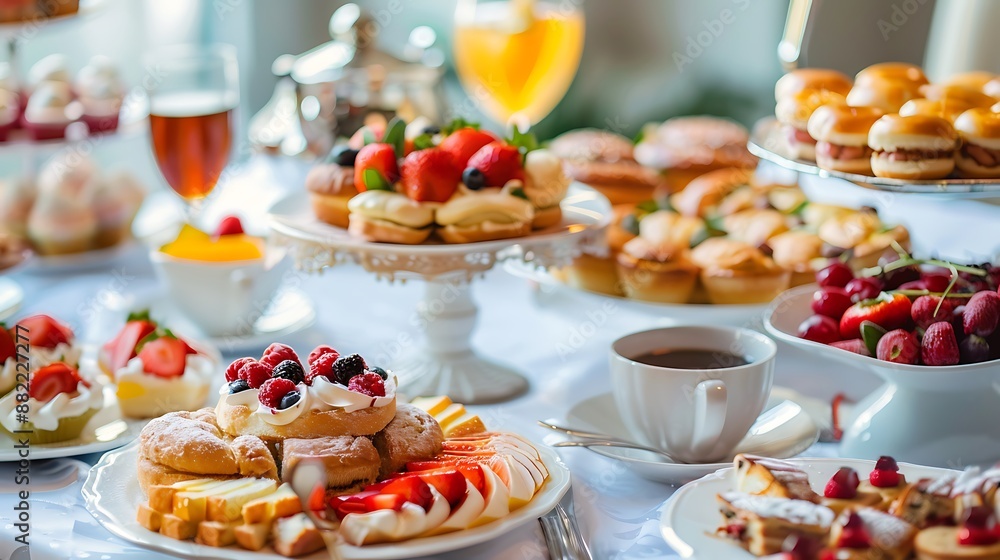 Breakfast table in hotel with sweets cakes Breakfast table in hotel with sweets cakes