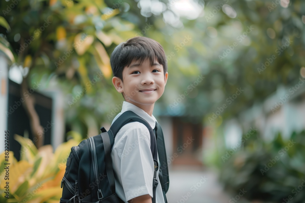 Asian teen boy wearing school uniform with backpack stands in nature landscape. Looks back at camera with serious expression. Trees, bushes surround with building peeking out from behind foliage. Asian teen boy wearing school uniform with backpack stands in nature landscape. Looks back at camera with serious expression. Trees, bushes surround with building peeking out from behind foliage.