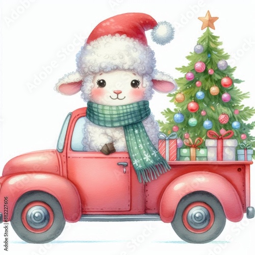 A cute sheep wearing a Santa hat drives a red truck full of presents and a Christmas tree.