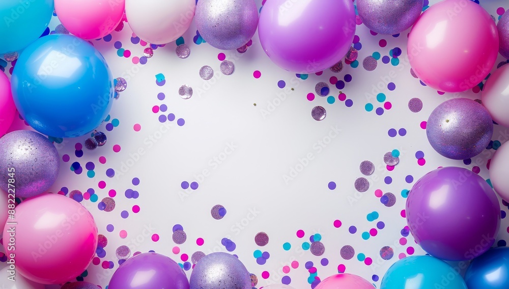 White background with many vibrant colored balloons and glitter, for copy space concept of spring sale grand opening, Easter ad, birthday poster White background with many vibrant colored balloons and glitter, for copy space concept of spring sale grand opening, Easter ad, birthday poster