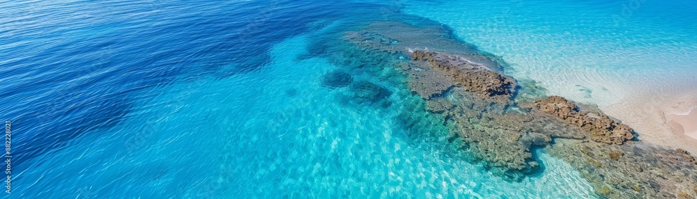 Obraz premium Stunning aerial view of a pristine beach with clear turquoise water and rocky coral formations, perfect for travel and nature-themed backgrounds.