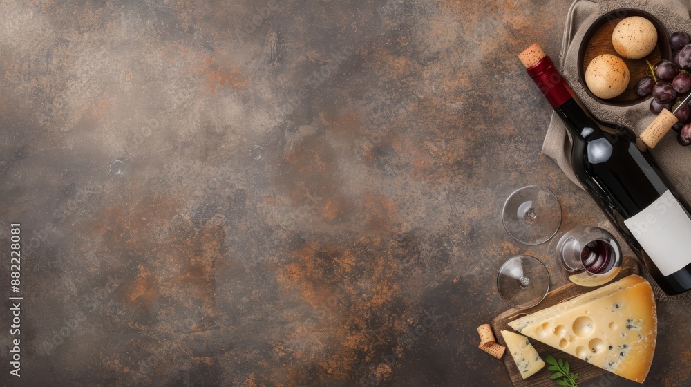 Top view of a wine bottle, cheese, and grapes on a rustic table. Perfect for food and drink themes, menus, and culinary blogs. Top view of a wine bottle, cheese, and grapes on a rustic table. Perfect for food and drink themes, menus, and culinary blogs.
