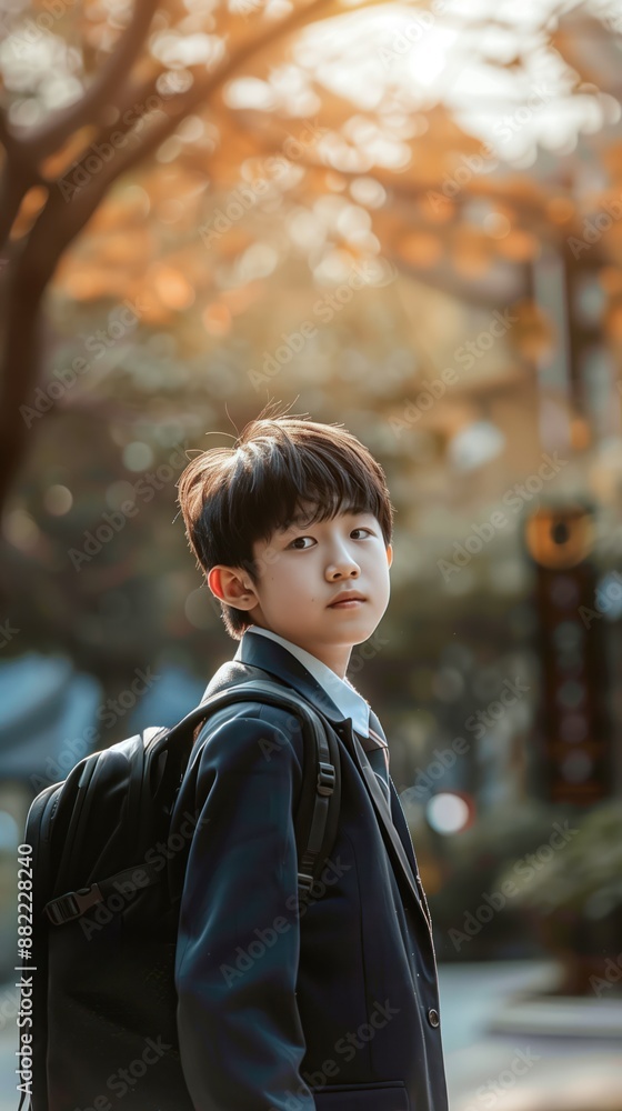 Asian teen boy in black jacket and backpack stands on sidewalk with serious face. Orange tree behind gray sky. Back to school theme, young student starts education. Asian teen boy in black jacket and backpack stands on sidewalk with serious face. Orange tree behind gray sky. Back to school theme, young student starts education.