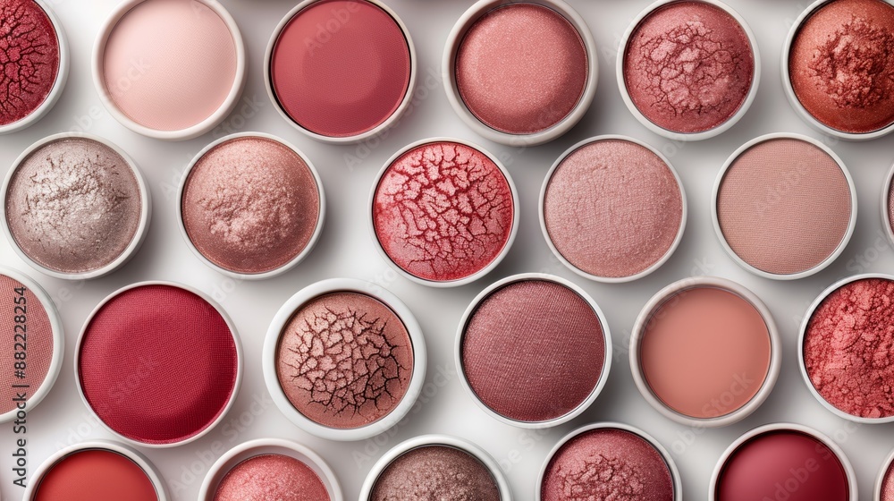 Top view of various shades of eyeshadow palettes arranged in rows, showcasing a diverse range of colors and textures for makeup enthusiasts. Top view of various shades of eyeshadow palettes arranged in rows, showcasing a diverse range of colors and textures for makeup enthusiasts.
