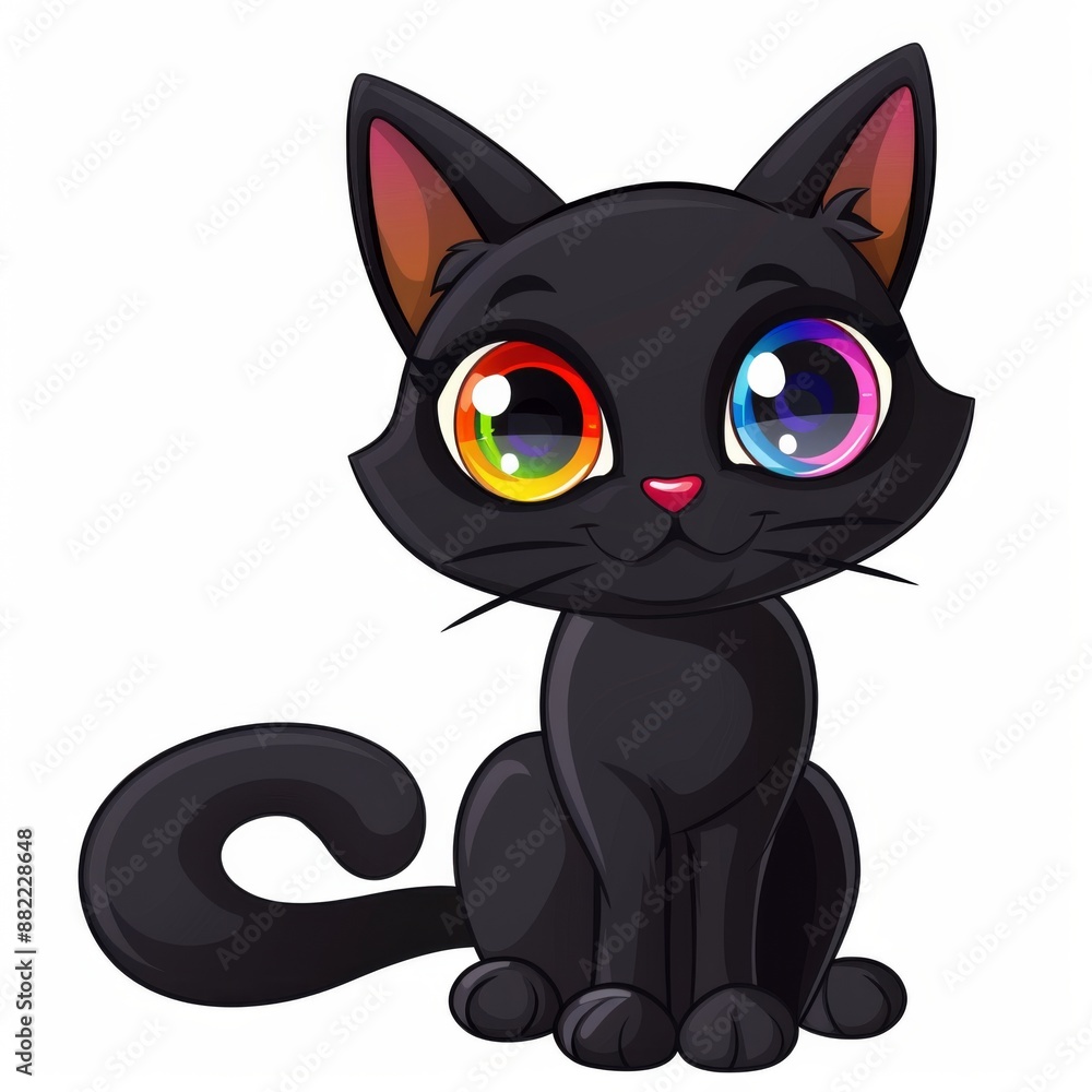 Spooky Black Cat with Rainbow Eyes in Cartoon Style for Halloween on White Background Spooky Black Cat with Rainbow Eyes in Cartoon Style for Halloween on White Background