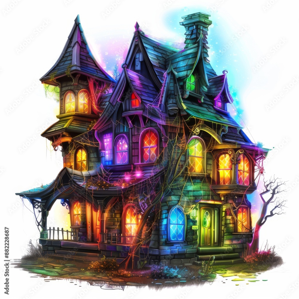 Fototapeta premium Eerie Haunted House Illuminated with Rainbow Lights - Digital Painting of Halloween Scenery on White Background