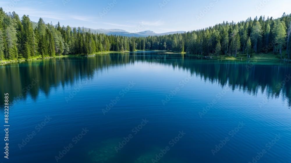 A serene lake surrounded by dense forest under a clear blue sky, reflecting nature's tranquility and beauty. A serene lake surrounded by dense forest under a clear blue sky, reflecting nature's tranquility and beauty.