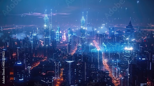 futuristic city with buildings interconnected by visible light communication (VLC) systems,