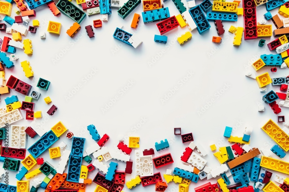 White background, white space in the center of picture. A pile of colorful blocks scattered all over the place. The bricks of different shapes and sizes to show diversity White background, white space in the center of picture. A pile of colorful blocks scattered all over the place. The bricks of different shapes and sizes to show diversity