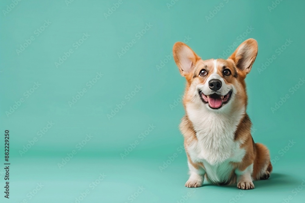 Happy corgi dog sitting on turquoise background with tongue out and smiling with copy space. The dog has big ears and looks very friendly. Happy corgi dog sitting on turquoise background with tongue out and smiling with copy space. The dog has big ears and looks very friendly.