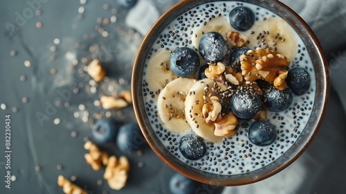 blueberry walnut chia seeds and almond milk for healthy breakfast