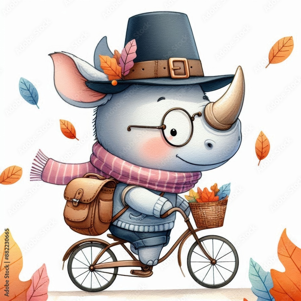 Naklejka premium A cute cartoon rhinoceros riding a bicycle with a basket of leaves, wearing glasses, a hat and a scarf. Autumn leaves fall around him.
