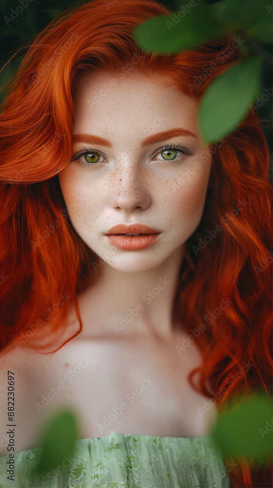 A striking red-haired woman poses amidst green leaves, creating a vivid contrast with her brilliant hair color. A striking red-haired woman poses amidst green leaves, creating a vivid contrast with her brilliant hair color.