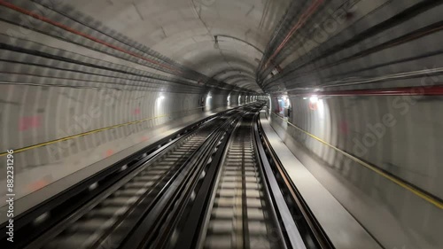4K. Time lapse automatic train subway tunnel fast speed. Metro subway with a tunnel and a train moving fast. Tube lines in the tunnel. 4K.Time lapse automatic train subway tunnel fast speed
