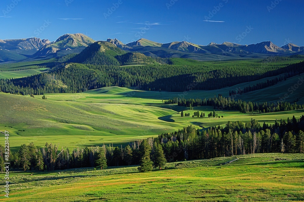 Rolling Hills and Mountain Range in a Green Landscape Rolling Hills and Mountain Range in a Green Landscape